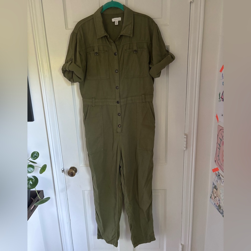 Topshop Olive Jumpsuit in Cotton & Linen